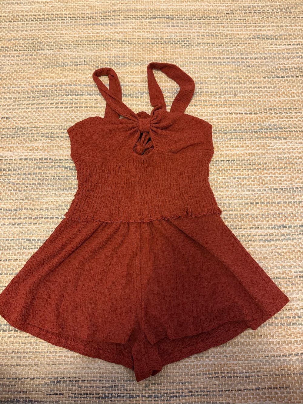 Smocked Rust Red Tie-Front Junior Romper
